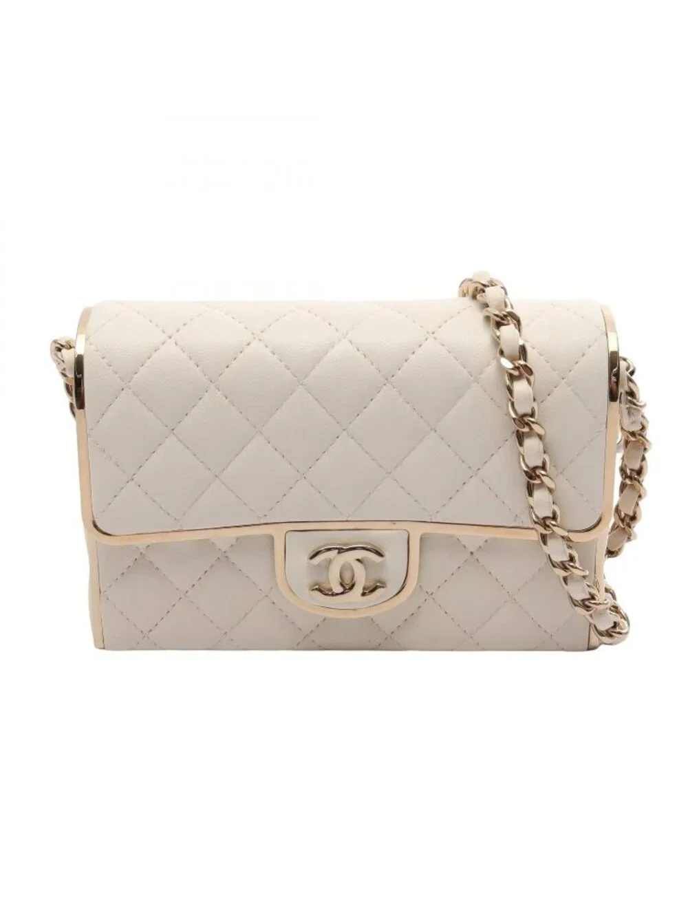 Chanel Shoulder Bag Quilted Mini Minaudiere Evening White Lambskin Small Box